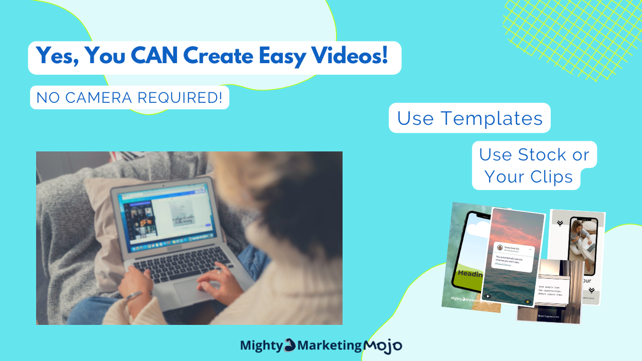 Create Easy Videos No Camera woman works at laptop on Canva design templates 